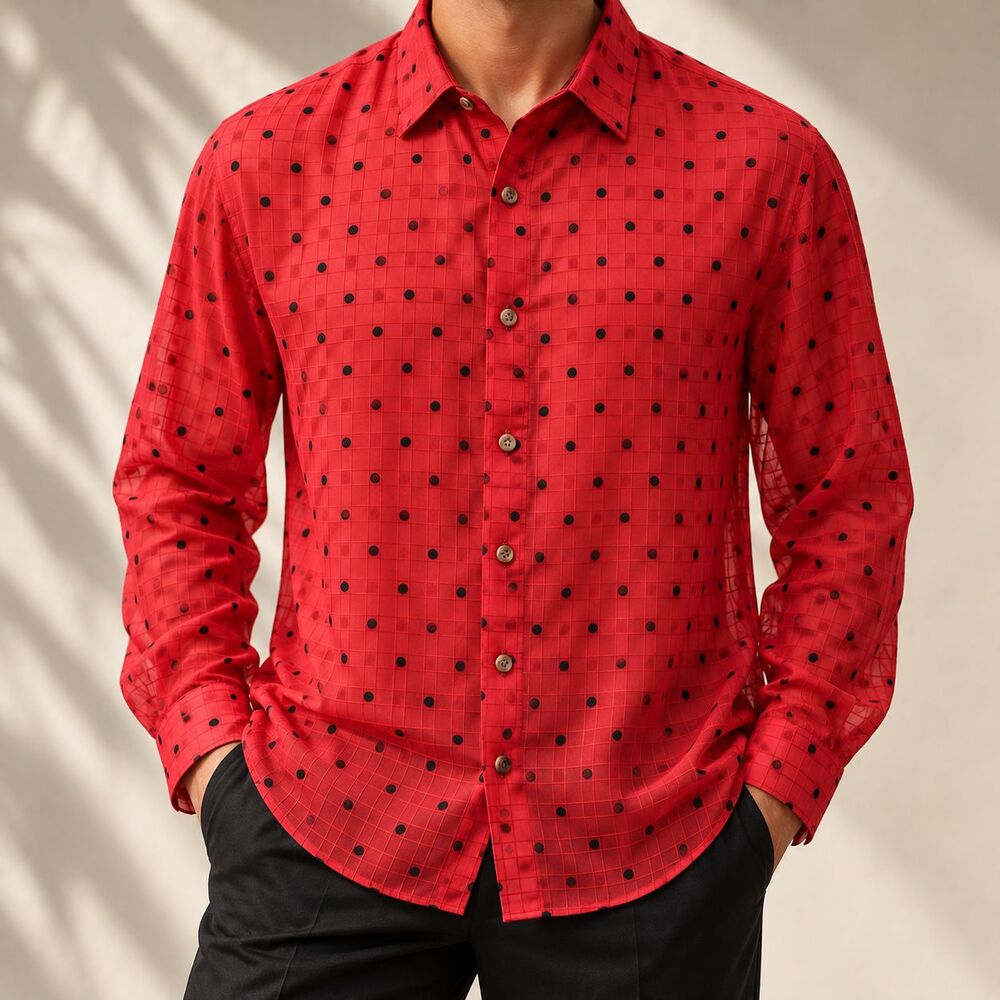 Mens Large Red Black Polka Dot Chiffon Shirt Long Sleeve Button Up Retro Party